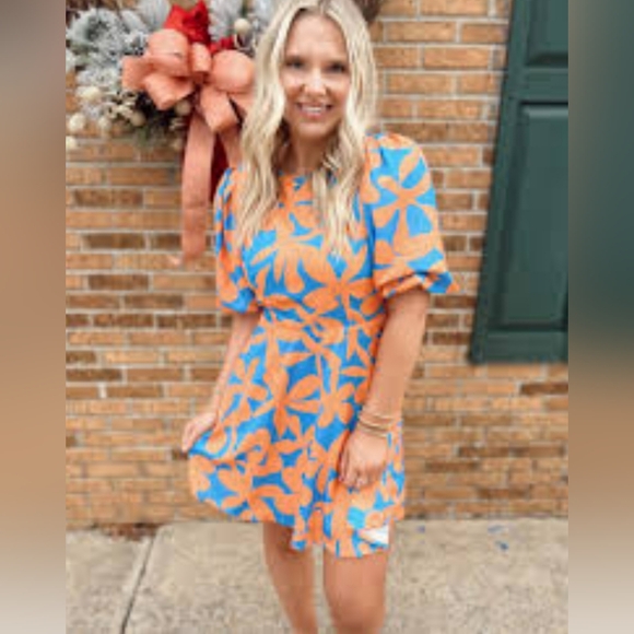 NWT BOUTIQUE FLORAL ORANGE BLUE PUFFER SLEEVE DRESS - Picture 8 of 8